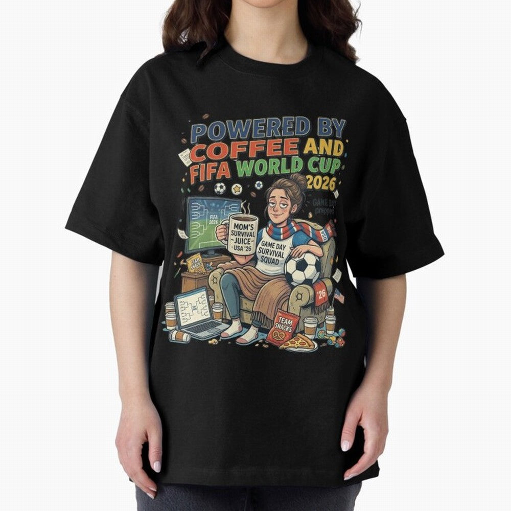 Soccer Mom Powered By Coffee And FIFA World Cup 2026 Funny USA Football Design Oversized T-Shirt Upgrade the FIFA World Cup 2026 Journey through Neymar Highlights, Netherlands Pride, Stadium Memories, Football Loyalty, International Chants and