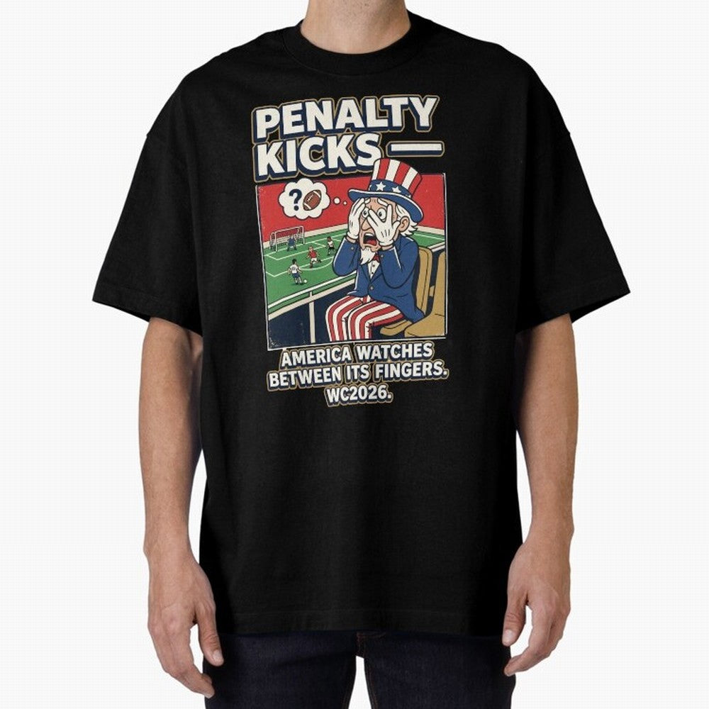 Penalty Kicks ¡ª WC2026 V2 Oversized T-Shirt Relive the Noise and Pride of the FIFA World Cup 2026 Group Stage Journey through Haaland Highlights, Brazil, Portugal and Argentina Pride, Vintage Soccer Flavor, Modern Football Stars, National Flags