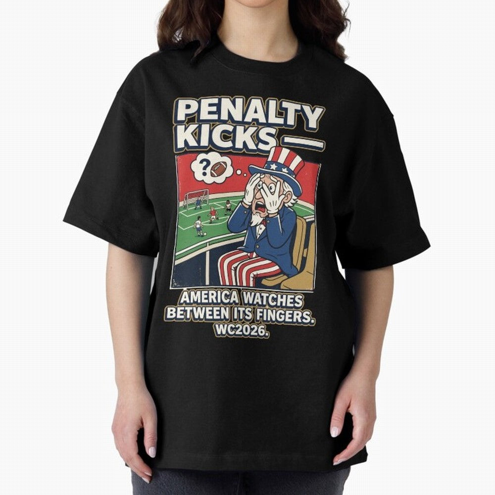 Penalty Kicks ¡ª WC2026 V2 Oversized T-Shirt Relive the Noise and Pride of the FIFA World Cup 2026 Group Stage Journey through Haaland Highlights, Brazil, Portugal and Argentina Pride, Vintage Soccer Flavor, Modern Football Stars, National Flags
