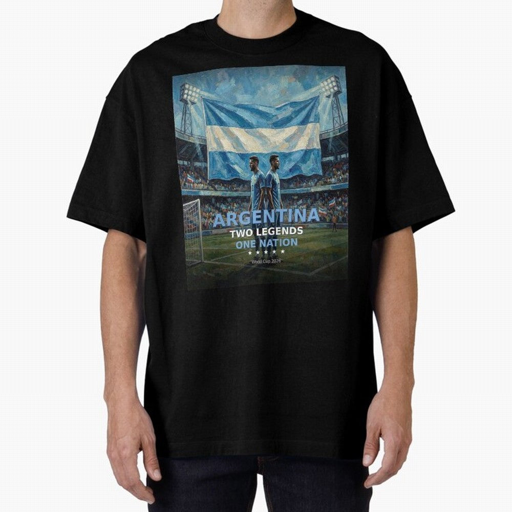 Argentina Two Legends One Nation - World Cup 2026 Soccer Fan Tee Oversized T-Shirt Back the Journey through the FIFA World Cup 2026 USA Canada Mexico Journey through Cristiano Ronaldo, Haaland and CR7 Highlights, Argentina and Brazil Pride, Soccer