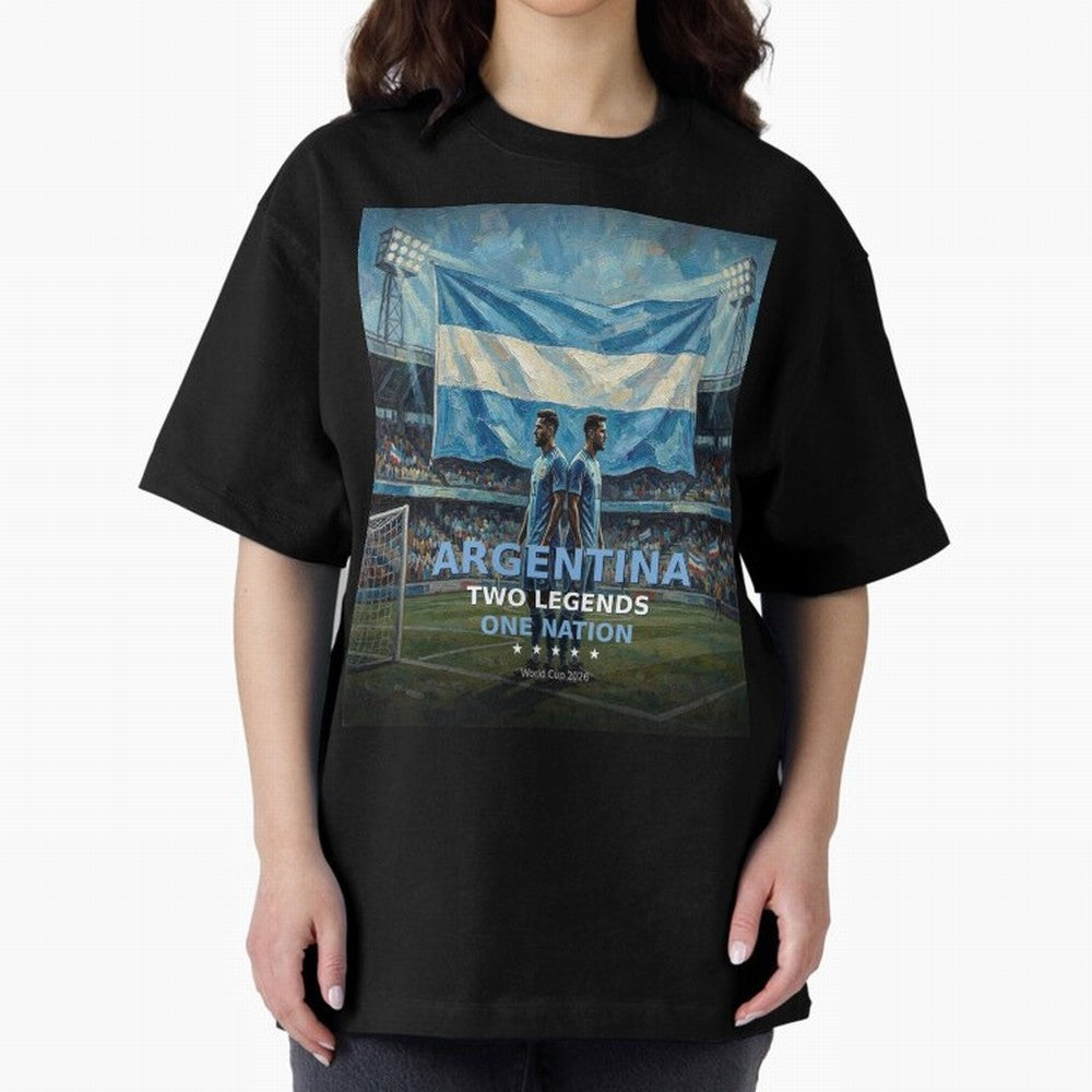 Argentina Two Legends One Nation - World Cup 2026 Soccer Fan Tee Oversized T-Shirt Back the Journey through the FIFA World Cup 2026 USA Canada Mexico Journey through Cristiano Ronaldo, Haaland and CR7 Highlights, Argentina and Brazil Pride, Soccer
