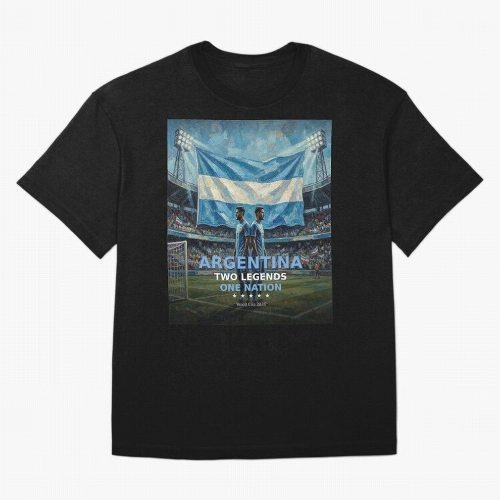 Argentina Two Legends One Nation - World Cup 2026 Soccer Fan Tee Oversized T-Shirt Back the Journey through the FIFA World Cup 2026 USA Canada Mexico Journey through Cristiano Ronaldo, Haaland and CR7 Highlights, Argentina and Brazil Pride, Soccer