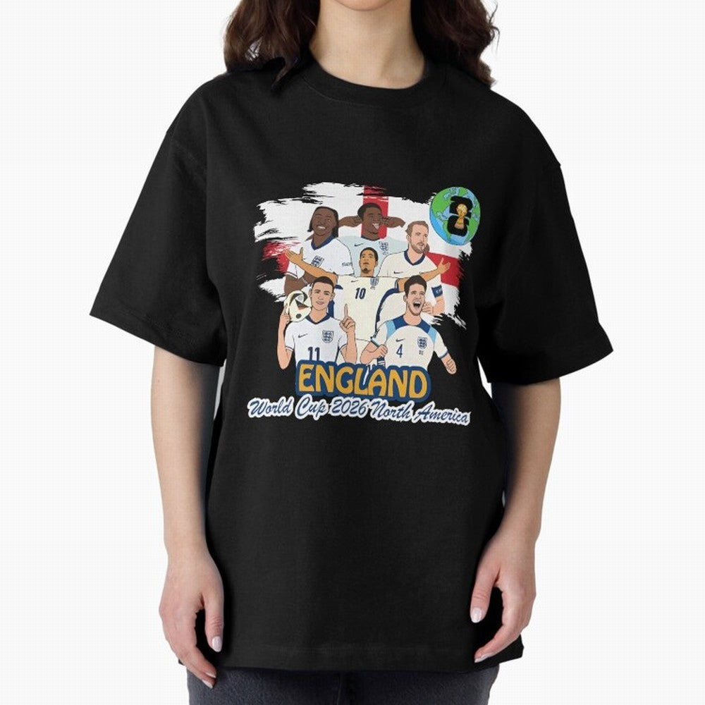 England Soccer Stars World Cup 2026 North America Oversized T-Shirt Relive Legendary Nights from the FIFA World Cup 2026 USA Canada Mexico Journey through Messi, CR7 and Mbappe Highlights, Brazil Pride, Worldwide Fan Energy, Dramatic Goals, Stadium
