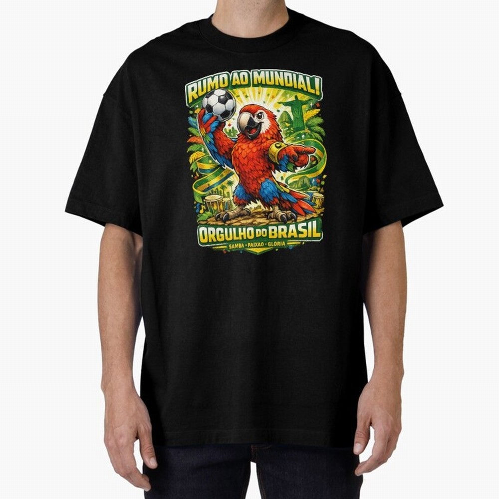 Brazil World Cup 2026 Macaw Fan Art Oversized T-Shirt Turn Every Weekend Toward FIFA World Cup 2026 USA Canada Mexico Centered on Haaland and Mbappe, Germany Energy, Football Festival Excitement, Trophy Ambitions, Country Rivalries and Star Player