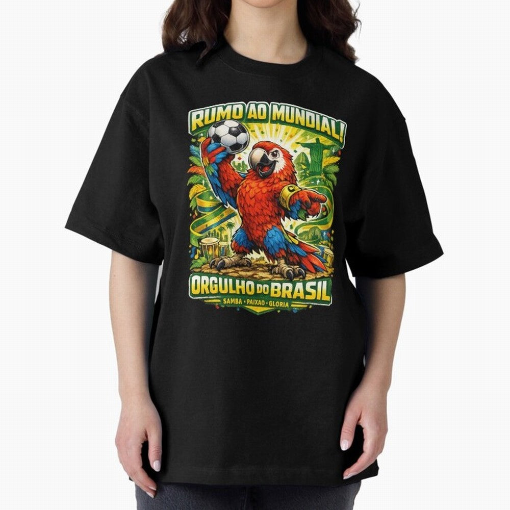 Brazil World Cup 2026 Macaw Fan Art Oversized T-Shirt Turn Every Weekend Toward FIFA World Cup 2026 USA Canada Mexico Centered on Haaland and Mbappe, Germany Energy, Football Festival Excitement, Trophy Ambitions, Country Rivalries and Star Player