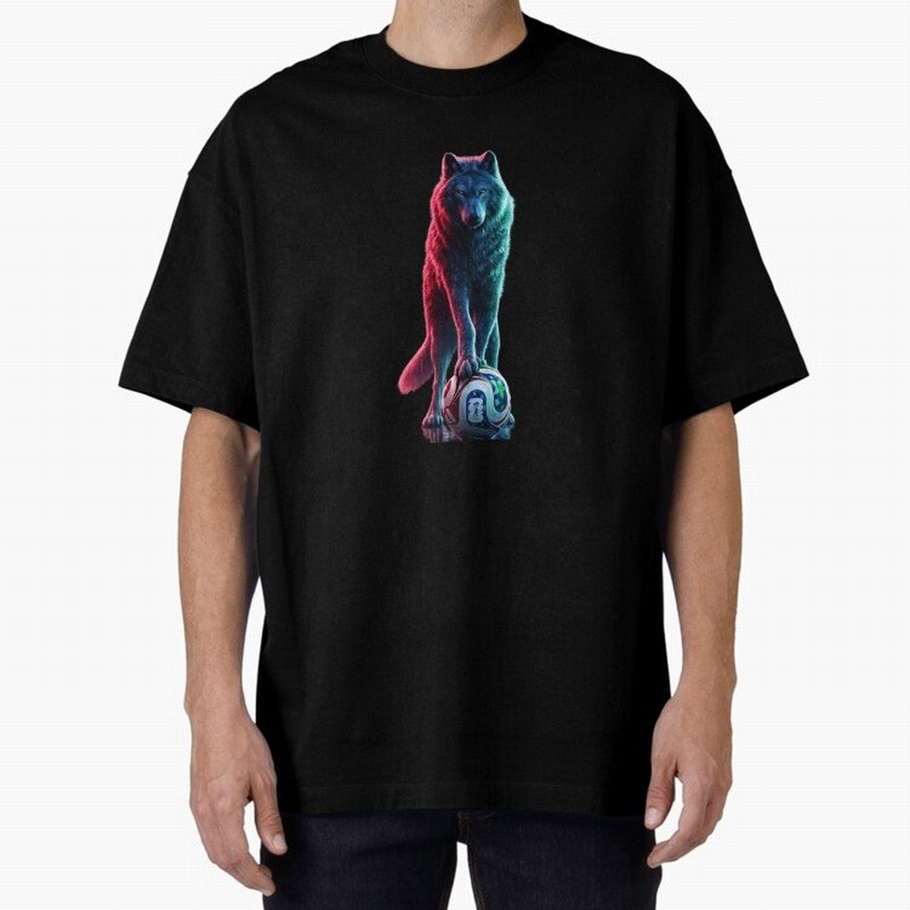 Neon Alpha Wolf with Soccer Ball | Futuristic Sports Fantasy Art Oversized T-Shirt Join the Countdown to the FIFA World Cup 2026 Group Stage Journey through Neymar, Haaland and Cristiano Ronaldo Highlights, Brazil, Portugal and Argentina Pride,
