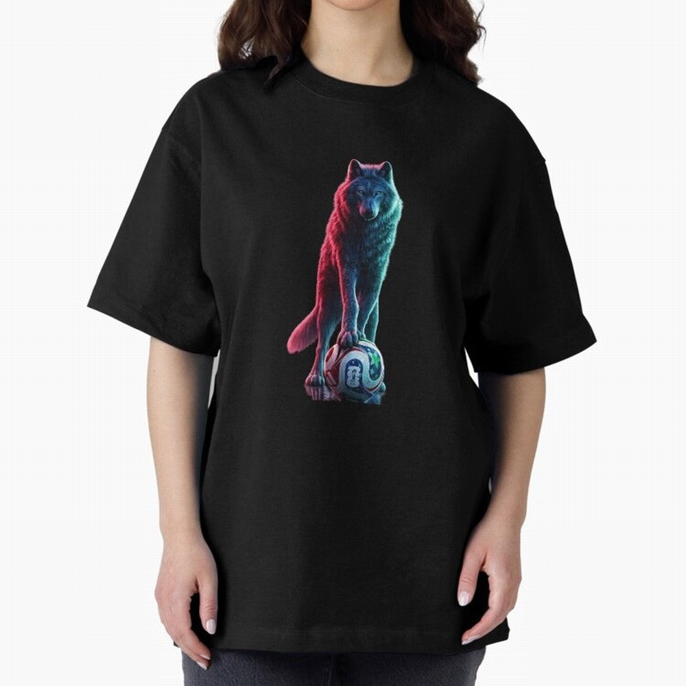 Neon Alpha Wolf with Soccer Ball | Futuristic Sports Fantasy Art Oversized T-Shirt Join the Countdown to the FIFA World Cup 2026 Group Stage Journey through Neymar, Haaland and Cristiano Ronaldo Highlights, Brazil, Portugal and Argentina Pride,