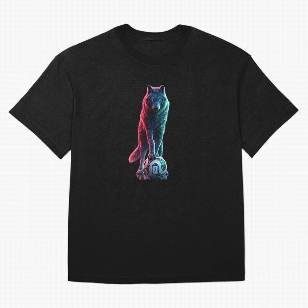Neon Alpha Wolf with Soccer Ball | Futuristic Sports Fantasy Art Oversized T-Shirt Join the Countdown to the FIFA World Cup 2026 Group Stage Journey through Neymar, Haaland and Cristiano Ronaldo Highlights, Brazil, Portugal and Argentina Pride,