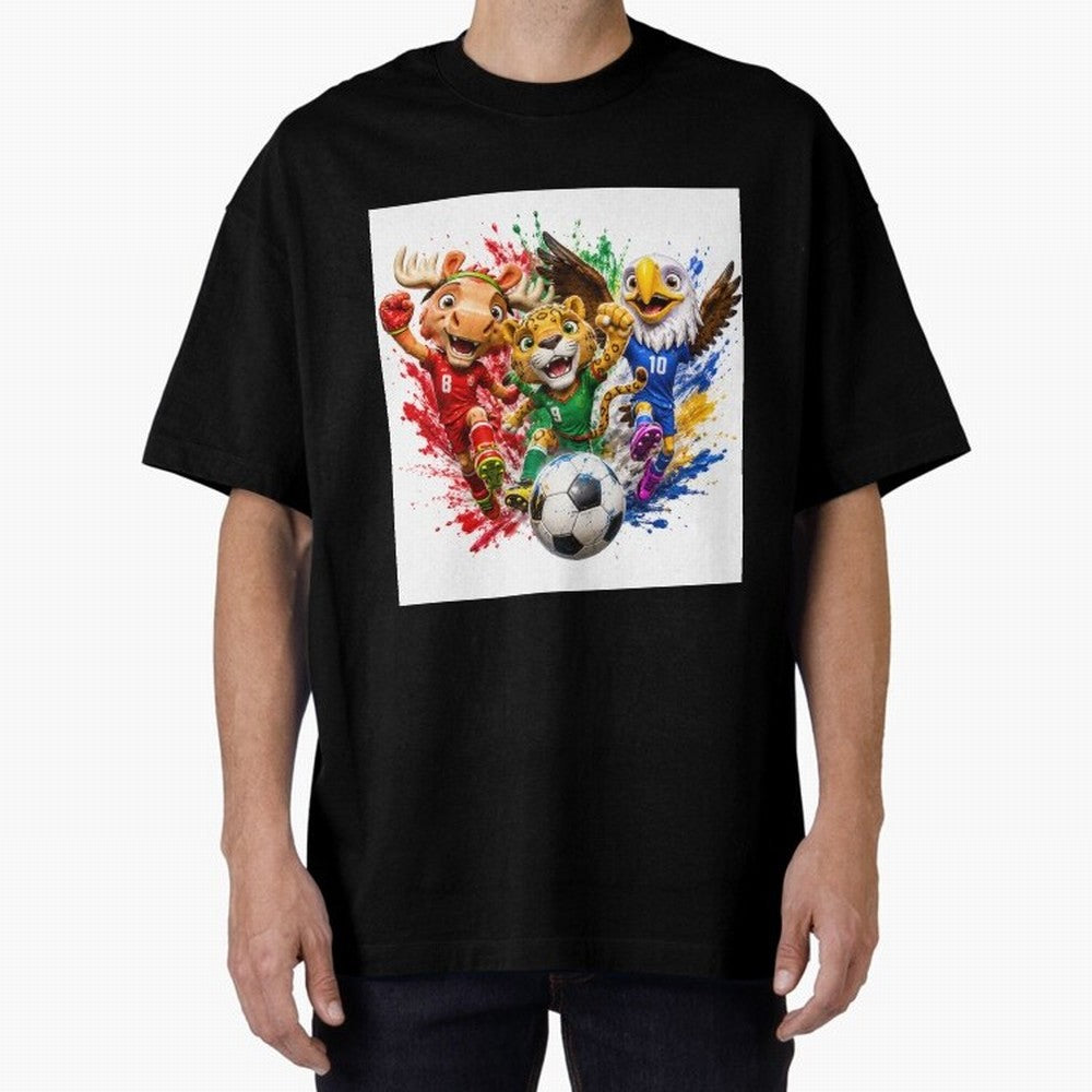 World Football Mascots ¨C Ultimate Soccer Fan Cartoon Design Oversized T-Shirt Stand with Match Day Hype around FIFA World Cup 2026 USA Canada Mexico, Neymar, Haaland and Cristiano Ronaldo, Netherlands, Supporter Pride, Iconic Celebrations,