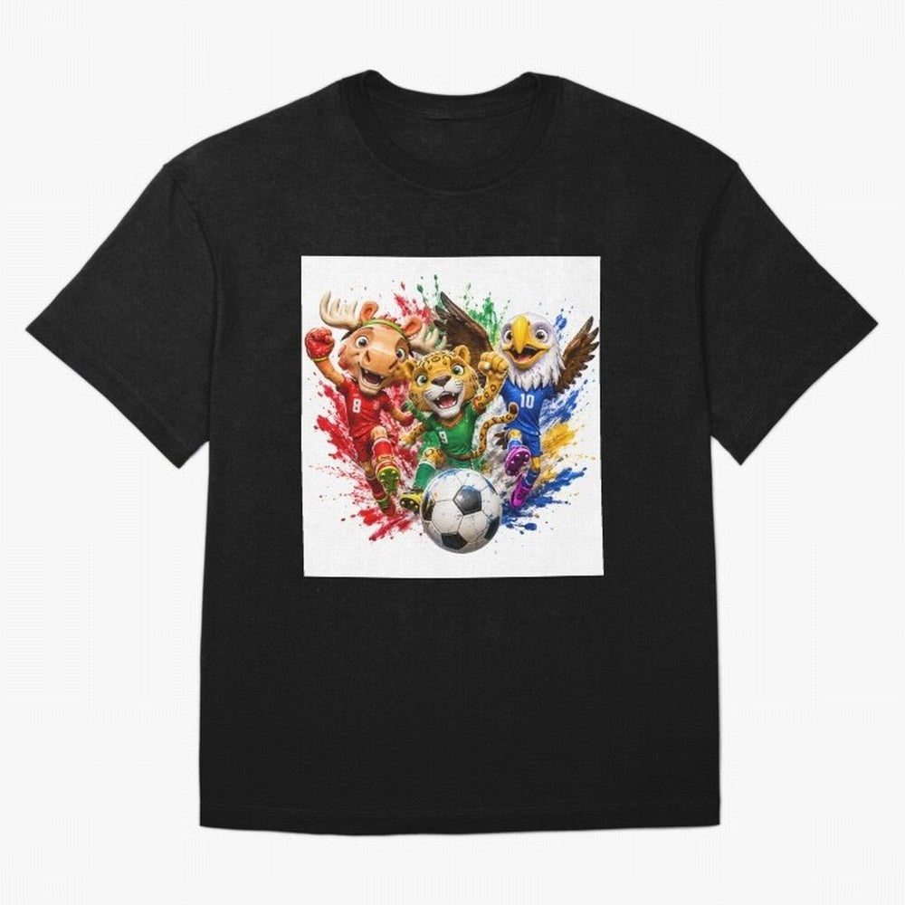 World Football Mascots ¨C Ultimate Soccer Fan Cartoon Design Oversized T-Shirt Stand with Match Day Hype around FIFA World Cup 2026 USA Canada Mexico, Neymar, Haaland and Cristiano Ronaldo, Netherlands, Supporter Pride, Iconic Celebrations,