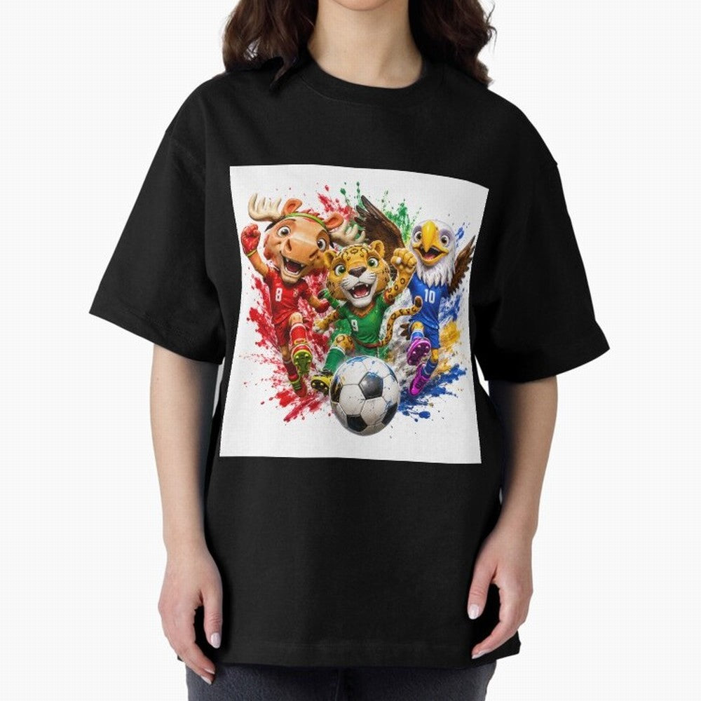 World Football Mascots ¨C Ultimate Soccer Fan Cartoon Design Oversized T-Shirt Stand with Match Day Hype around FIFA World Cup 2026 USA Canada Mexico, Neymar, Haaland and Cristiano Ronaldo, Netherlands, Supporter Pride, Iconic Celebrations,