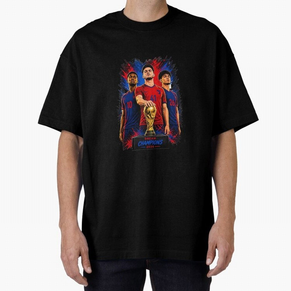 Dream Champions 2026 Football Streetwear Design | Trophy Graphic Tee Oversized T-Shirt Make Memories around Match Day Hype around FIFA World Cup 2026 Group Stage, CR7 and Messi, France, Game Day Rituals, Football Legends, Country Pride and the Road