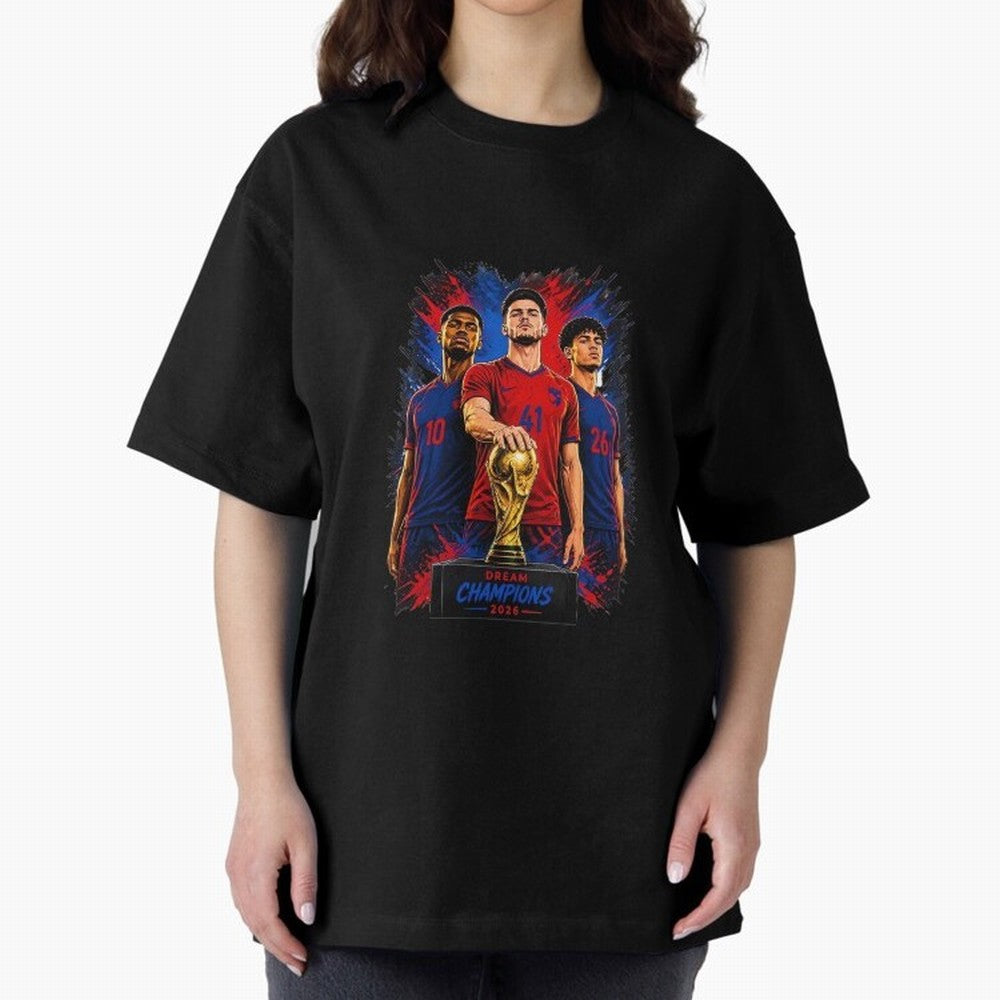 Dream Champions 2026 Football Streetwear Design | Trophy Graphic Tee Oversized T-Shirt Make Memories around Match Day Hype around FIFA World Cup 2026 Group Stage, CR7 and Messi, France, Game Day Rituals, Football Legends, Country Pride and the Road