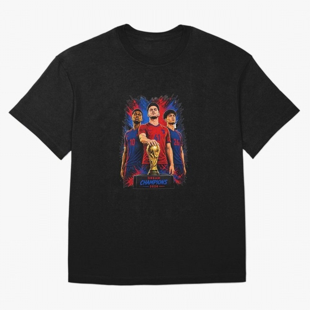 Dream Champions 2026 Football Streetwear Design | Trophy Graphic Tee Oversized T-Shirt Make Memories around Match Day Hype around FIFA World Cup 2026 Group Stage, CR7 and Messi, France, Game Day Rituals, Football Legends, Country Pride and the Road