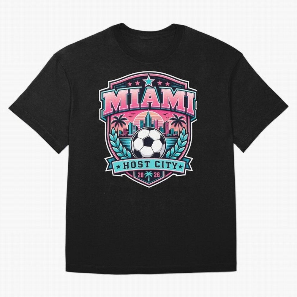 Miami 2026 Host City Emblem Soccer Football Events Oversized T-Shirt Remember FIFA World Cup 2026 Group Stage for Fans of CR7 and Messi and Brazil, Bringing Stadium Memories, Football Loyalty, International Chants and Championship Tradition;