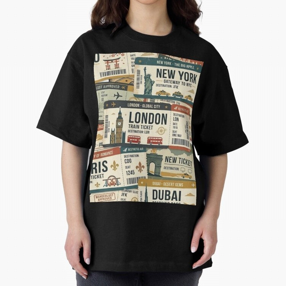 World Travel Ticket Aesthetic Collage Global City Vibes Oversized T-Shirt Spotlight Global Football Passion for FIFA World Cup 2026 Group Stage, Centered on Messi, CR7 and Mbappe, Portugal, Spain and Germany, Football Festival Excitement, Trophy