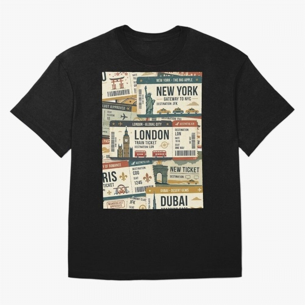 World Travel Ticket Aesthetic Collage Global City Vibes Oversized T-Shirt Spotlight Global Football Passion for FIFA World Cup 2026 Group Stage, Centered on Messi, CR7 and Mbappe, Portugal, Spain and Germany, Football Festival Excitement, Trophy
