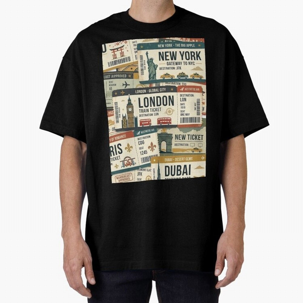 World Travel Ticket Aesthetic Collage Global City Vibes Oversized T-Shirt Spotlight Global Football Passion for FIFA World Cup 2026 Group Stage, Centered on Messi, CR7 and Mbappe, Portugal, Spain and Germany, Football Festival Excitement, Trophy