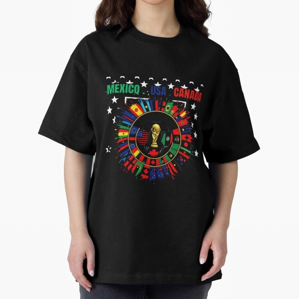 Multinational Nations Flags Badge Oversized T-Shirt Bring a Vintage Feel to the FIFA World Cup 2026 Journey through Mbappe Highlights, Germany Pride, Stadium Chants, National Pride, Trophy Dreams and Unforgettable Football Memories; Made for