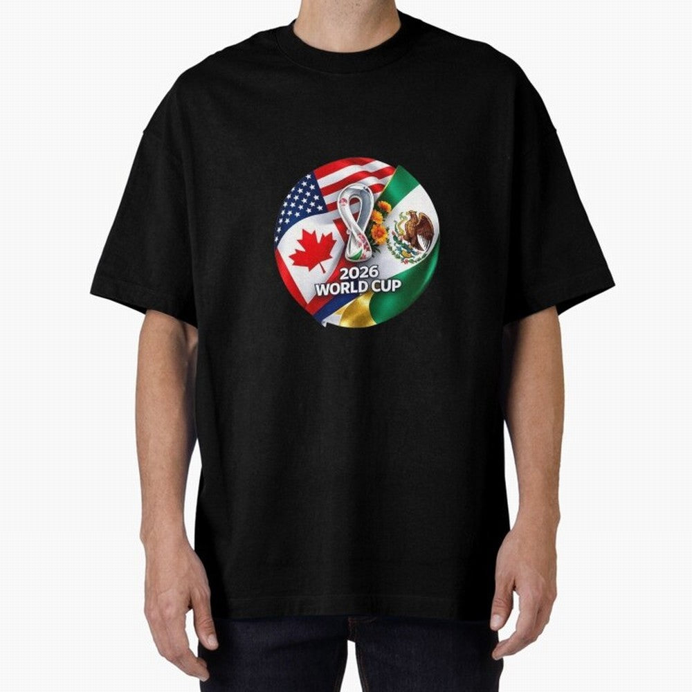 Host Trio Flags Circular Emblem Oversized T-Shirt Bring Trophy Dreams to the FIFA World Cup 2026 Journey through CR7 and Messi Highlights, Argentina and Brazil Pride, Goal Celebration Energy, Supporter Heritage, Football Icons and Worldwide