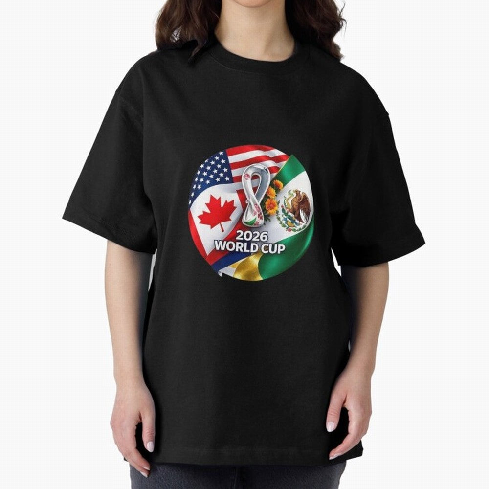 Host Trio Flags Circular Emblem Oversized T-Shirt Bring Trophy Dreams to the FIFA World Cup 2026 Journey through CR7 and Messi Highlights, Argentina and Brazil Pride, Goal Celebration Energy, Supporter Heritage, Football Icons and Worldwide