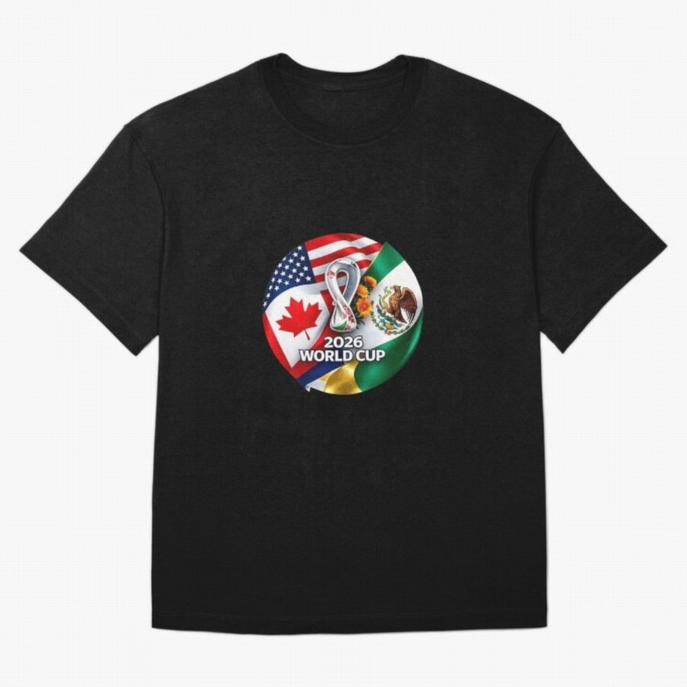 Host Trio Flags Circular Emblem Oversized T-Shirt Bring Trophy Dreams to the FIFA World Cup 2026 Journey through CR7 and Messi Highlights, Argentina and Brazil Pride, Goal Celebration Energy, Supporter Heritage, Football Icons and Worldwide
