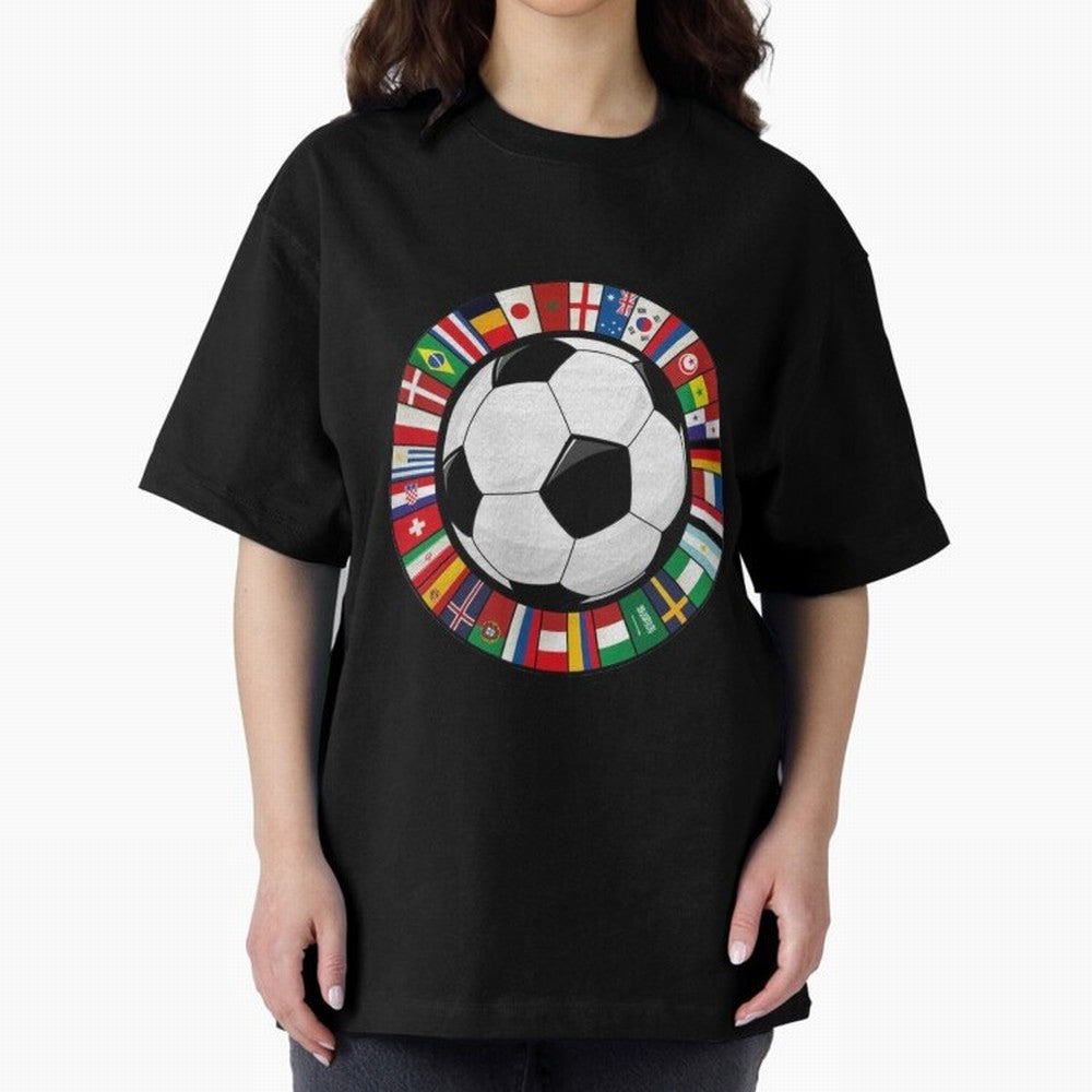 Global Nations Football Circle Art Oversized T-Shirt Support the Legends of FIFA World Cup 2026 USA Canada Mexico Inspired by Messi, Neymar and Mbappe, Argentina, France and Brazil Energy, Football History, Final Match Energy, Crowd Noise and Once