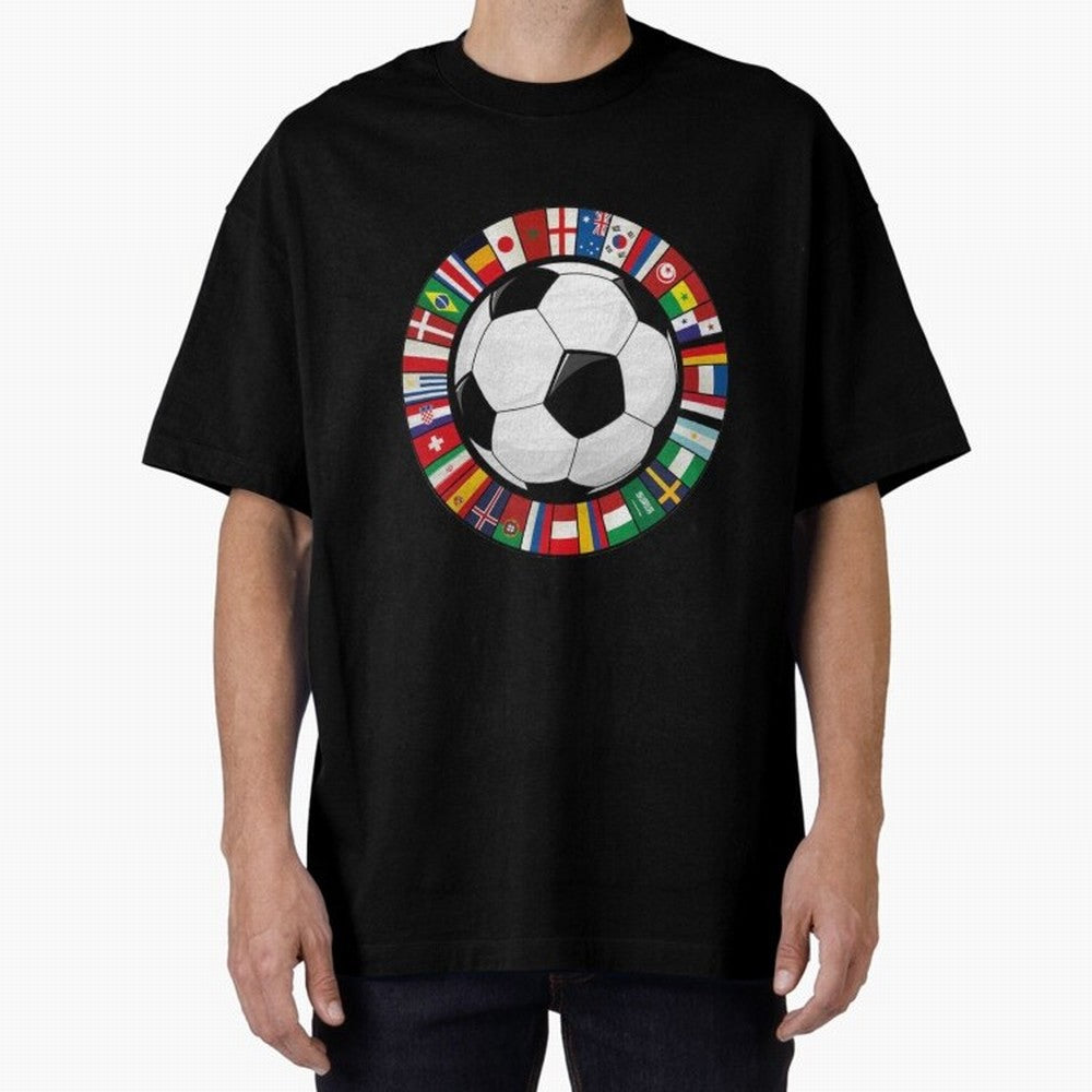 Global Nations Football Circle Art Oversized T-Shirt Support the Legends of FIFA World Cup 2026 USA Canada Mexico Inspired by Messi, Neymar and Mbappe, Argentina, France and Brazil Energy, Football History, Final Match Energy, Crowd Noise and Once