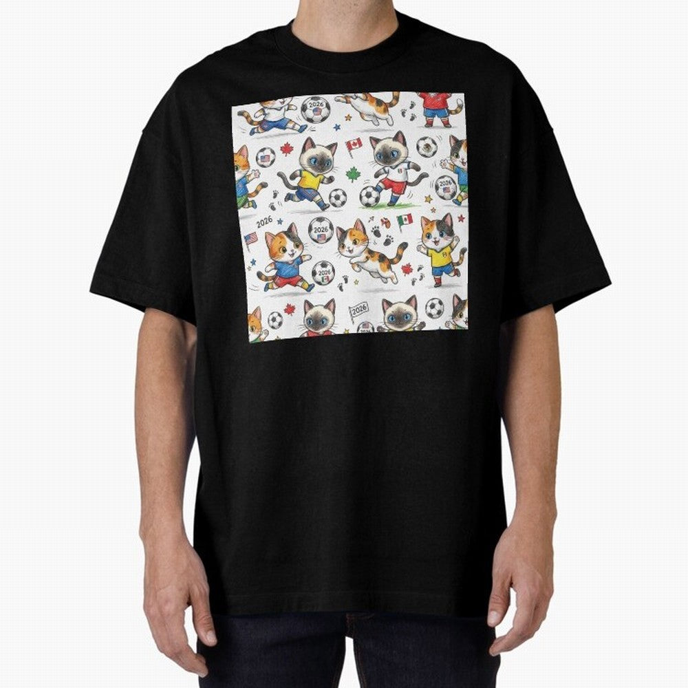 Chibi Soccer Cats 2026 - Cute Football Kittens Pattern Oversized T-Shirt Celebrate the Next Chapter of FIFA World Cup 2026 USA Canada Mexico for Fans of Messi and Brazil, Bringing Global Supporter Spirit, Legendary Goals, National Colors and
