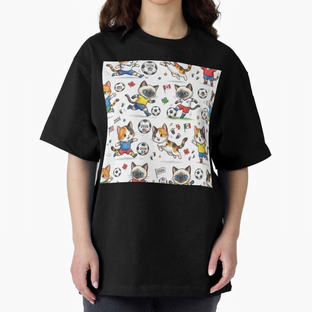 Chibi Soccer Cats 2026 - Cute Football Kittens Pattern Oversized T-Shirt Celebrate the Next Chapter of FIFA World Cup 2026 USA Canada Mexico for Fans of Messi and Brazil, Bringing Global Supporter Spirit, Legendary Goals, National Colors and