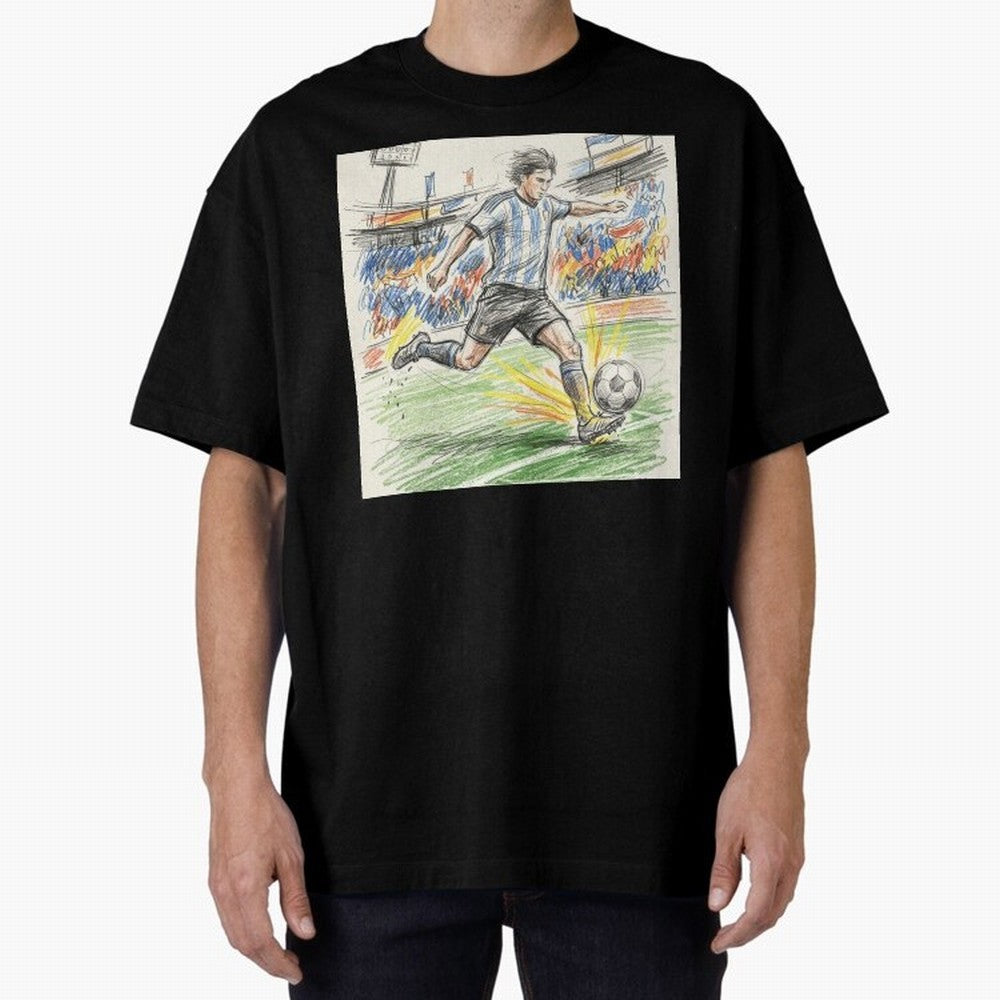 Dynamic Soccer Power Kick - Blue & White Jersey Style Oversized T-Shirt Celebrate Supporters United by FIFA World Cup 2026 USA Canada Mexico Spirit, Built around Germany, Mbappe, Tournament Hype, Historic Matchups, Family Viewing Parties and Global