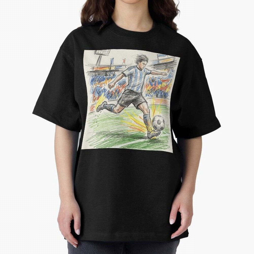 Dynamic Soccer Power Kick - Blue & White Jersey Style Oversized T-Shirt Celebrate Supporters United by FIFA World Cup 2026 USA Canada Mexico Spirit, Built around Germany, Mbappe, Tournament Hype, Historic Matchups, Family Viewing Parties and Global