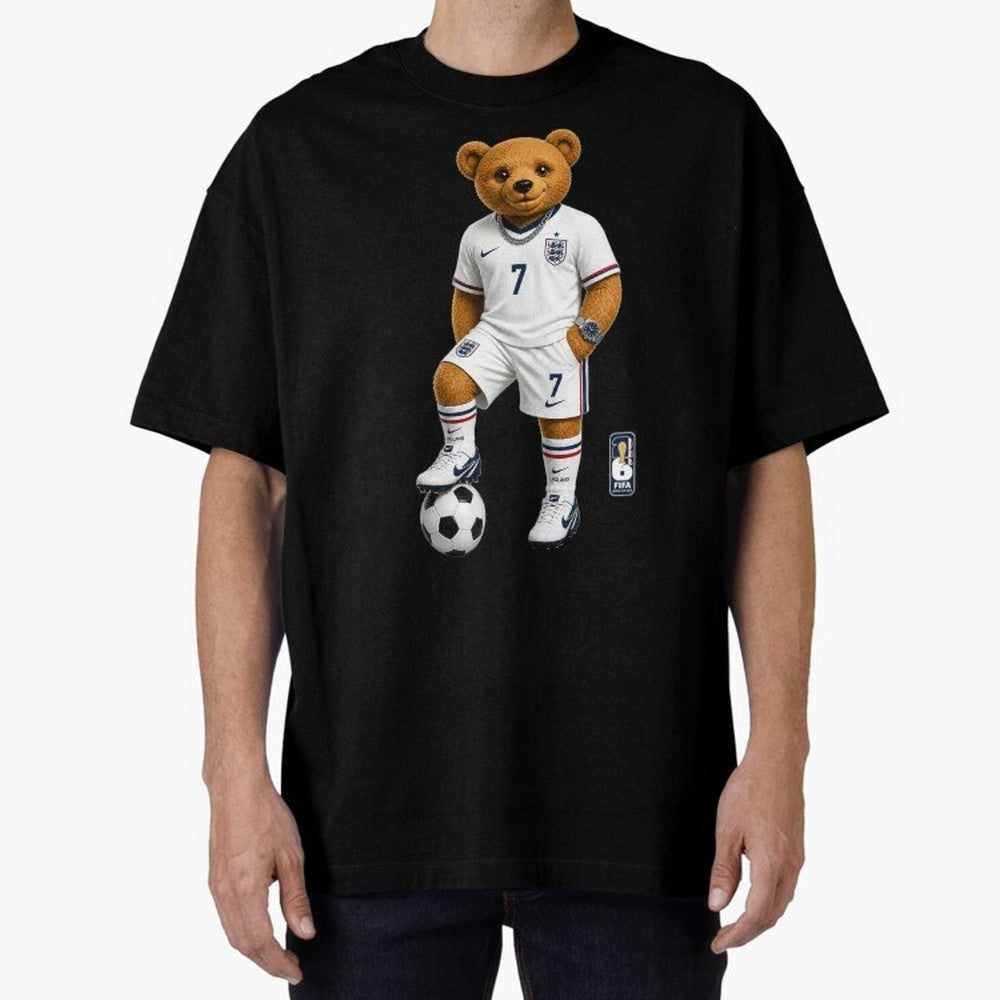 England Soccer Bear World Cup Teddy Bear Oversized T-Shirt Bring World Football Passion into FIFA World Cup 2026 Group Stage Connected to Messi, CR7 and Mbappe, England Energy, Football Festival Excitement, Trophy Ambitions, Country Rivalries and