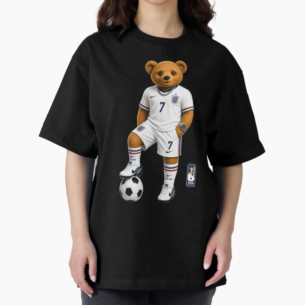 England Soccer Bear World Cup Teddy Bear Oversized T-Shirt Bring World Football Passion into FIFA World Cup 2026 Group Stage Connected to Messi, CR7 and Mbappe, England Energy, Football Festival Excitement, Trophy Ambitions, Country Rivalries and
