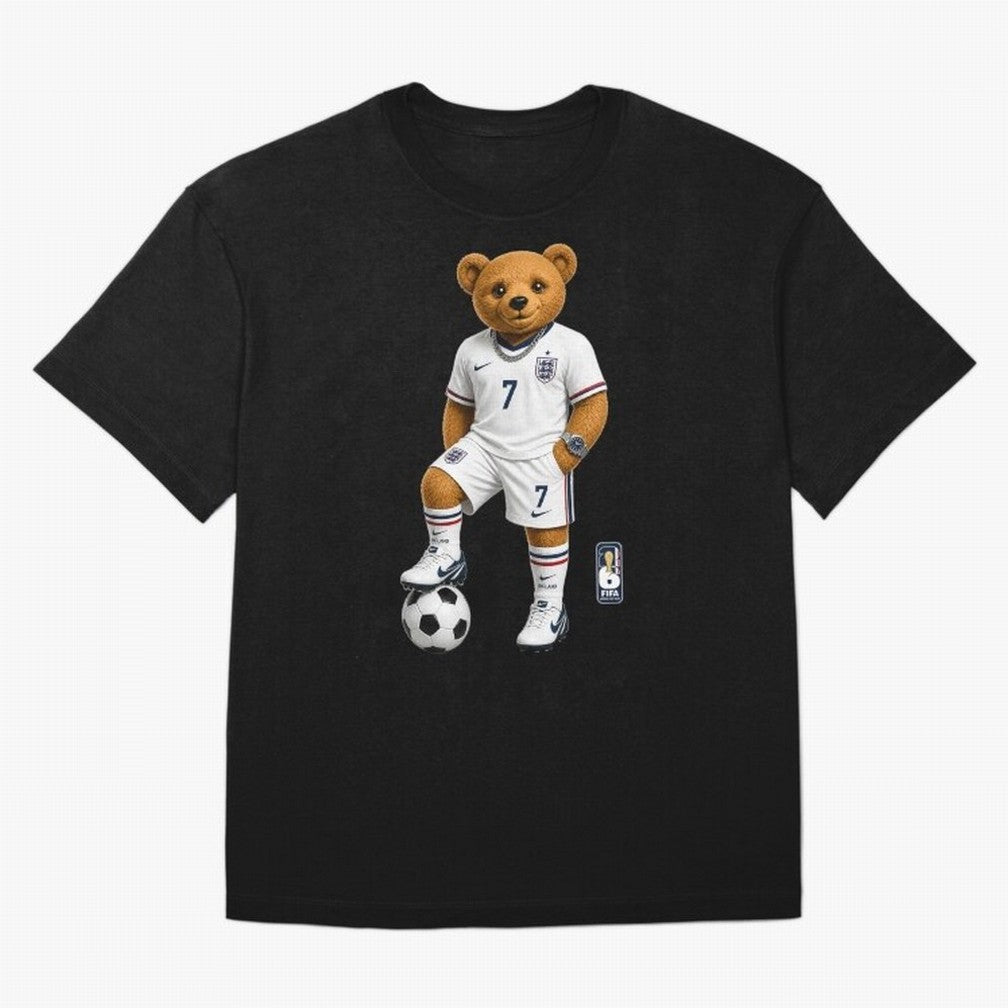 England Soccer Bear World Cup Teddy Bear Oversized T-Shirt Bring World Football Passion into FIFA World Cup 2026 Group Stage Connected to Messi, CR7 and Mbappe, England Energy, Football Festival Excitement, Trophy Ambitions, Country Rivalries and