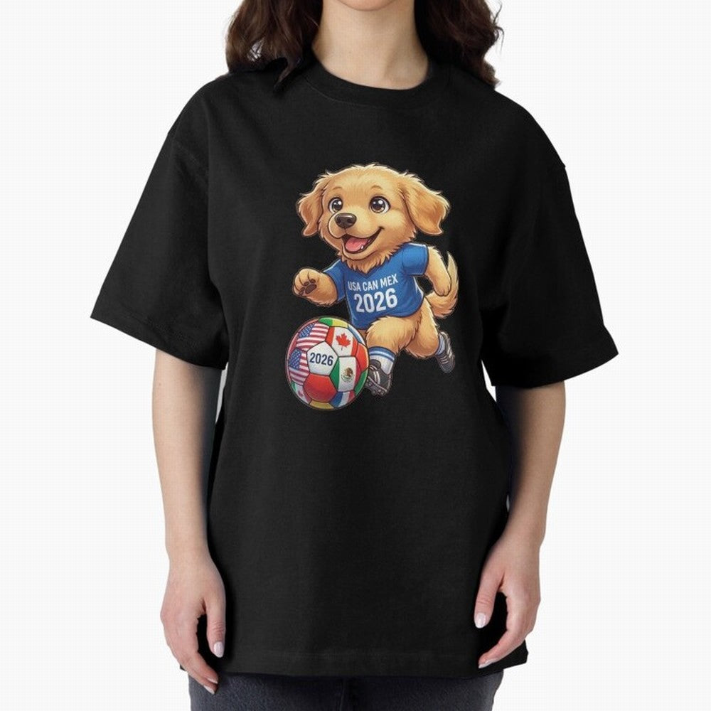 Golden Retriever Soccer Champ - World Cup 2026 Spirit Oversized T-Shirt Honor the Beautiful Game during Global Football Passion for FIFA World Cup 2026 USA Canada Mexico, Centered on Haaland and Mbappe, Argentina and Brazil, Football Festival
