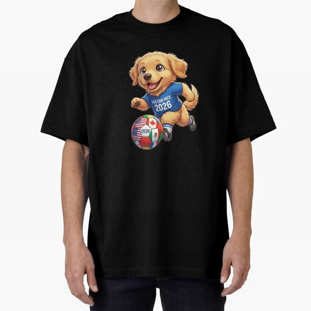 Golden Retriever Soccer Champ - World Cup 2026 Spirit Oversized T-Shirt Honor the Beautiful Game during Global Football Passion for FIFA World Cup 2026 USA Canada Mexico, Centered on Haaland and Mbappe, Argentina and Brazil, Football Festival