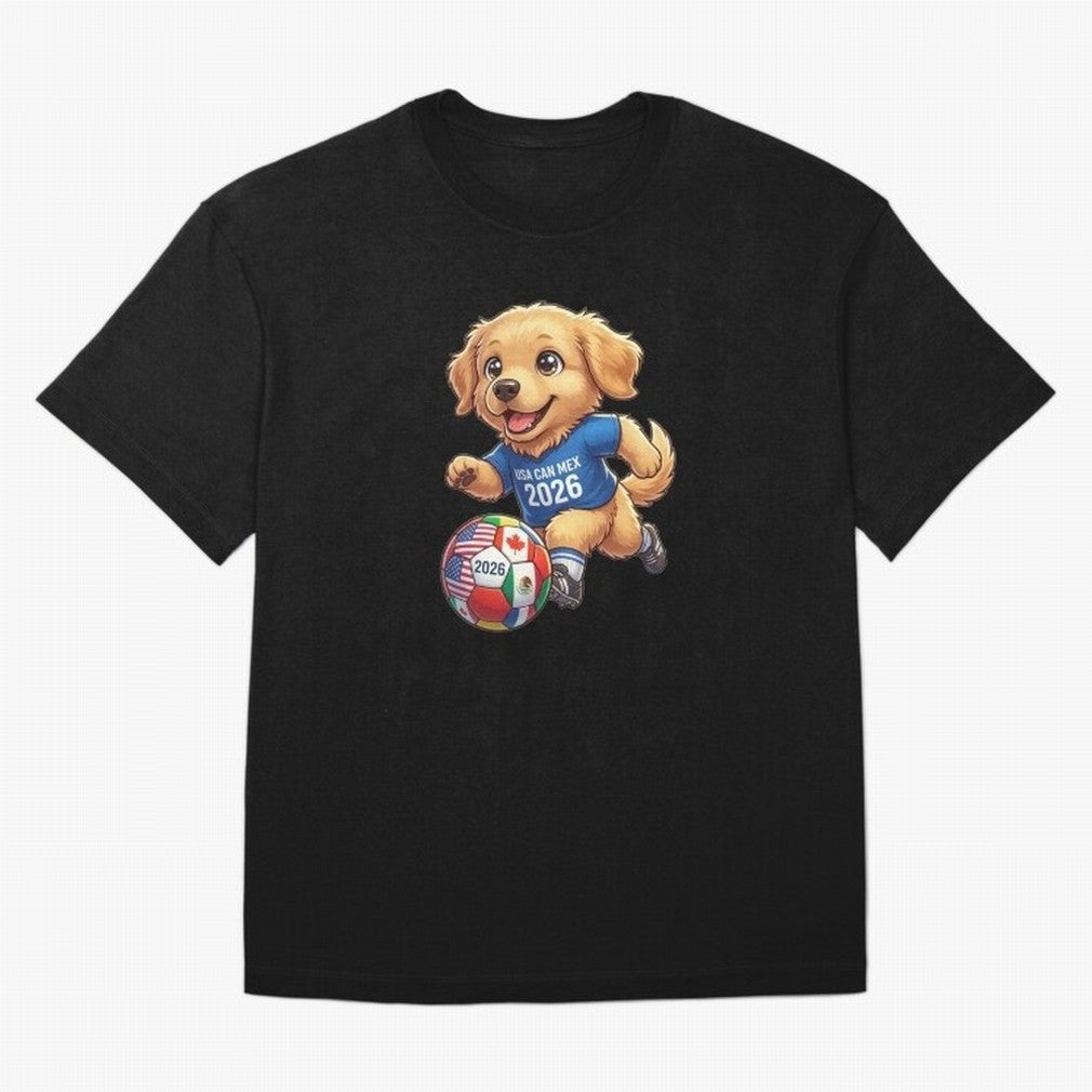Golden Retriever Soccer Champ - World Cup 2026 Spirit Oversized T-Shirt Honor the Beautiful Game during Global Football Passion for FIFA World Cup 2026 USA Canada Mexico, Centered on Haaland and Mbappe, Argentina and Brazil, Football Festival