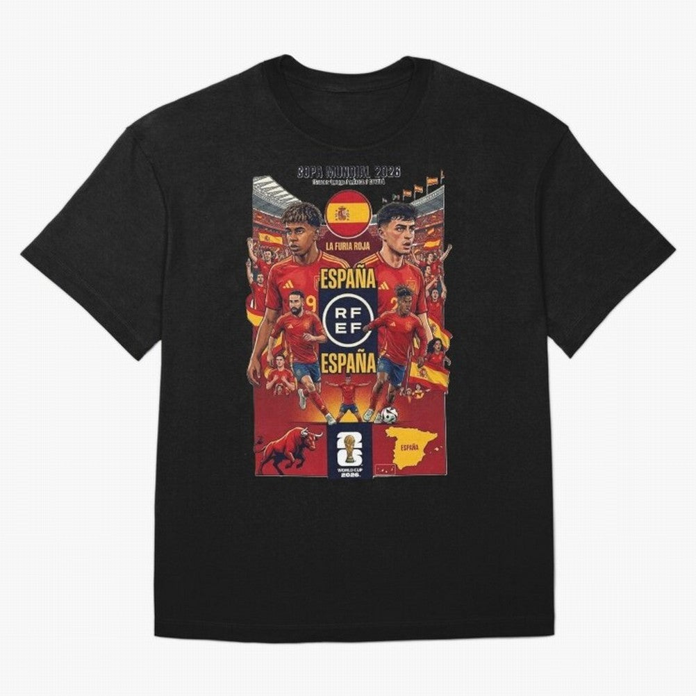 Spain 2026 ¨C La Furia Roja World Cup Poster Oversized T-Shirt Enjoy the Biggest Football Party of Global Football Passion for FIFA World Cup 2026 USA Canada Mexico, Driven by CR7 and Messi, Spain and Netherlands, Goal Celebration Energy, Supporter