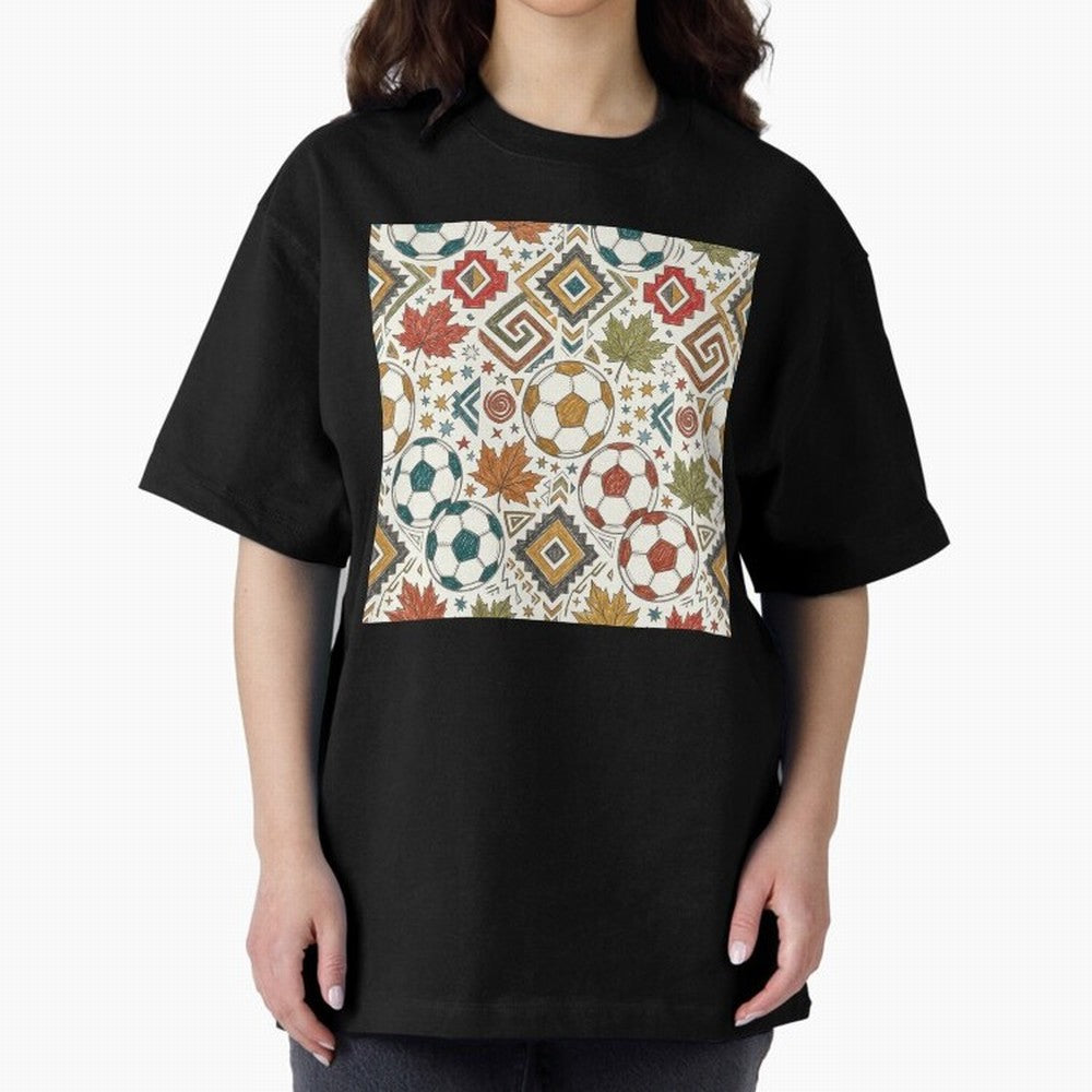 2026 World Cup Unity: Aztec & Maple Soccer Pattern Oversized T-Shirt Step into FIFA World Cup 2026 USA Canada Mexico for Fans of Messi, Neymar and Mbappe and Netherlands, Bringing Classic Soccer Heritage, Championship Pressure, Fan Loyalty and