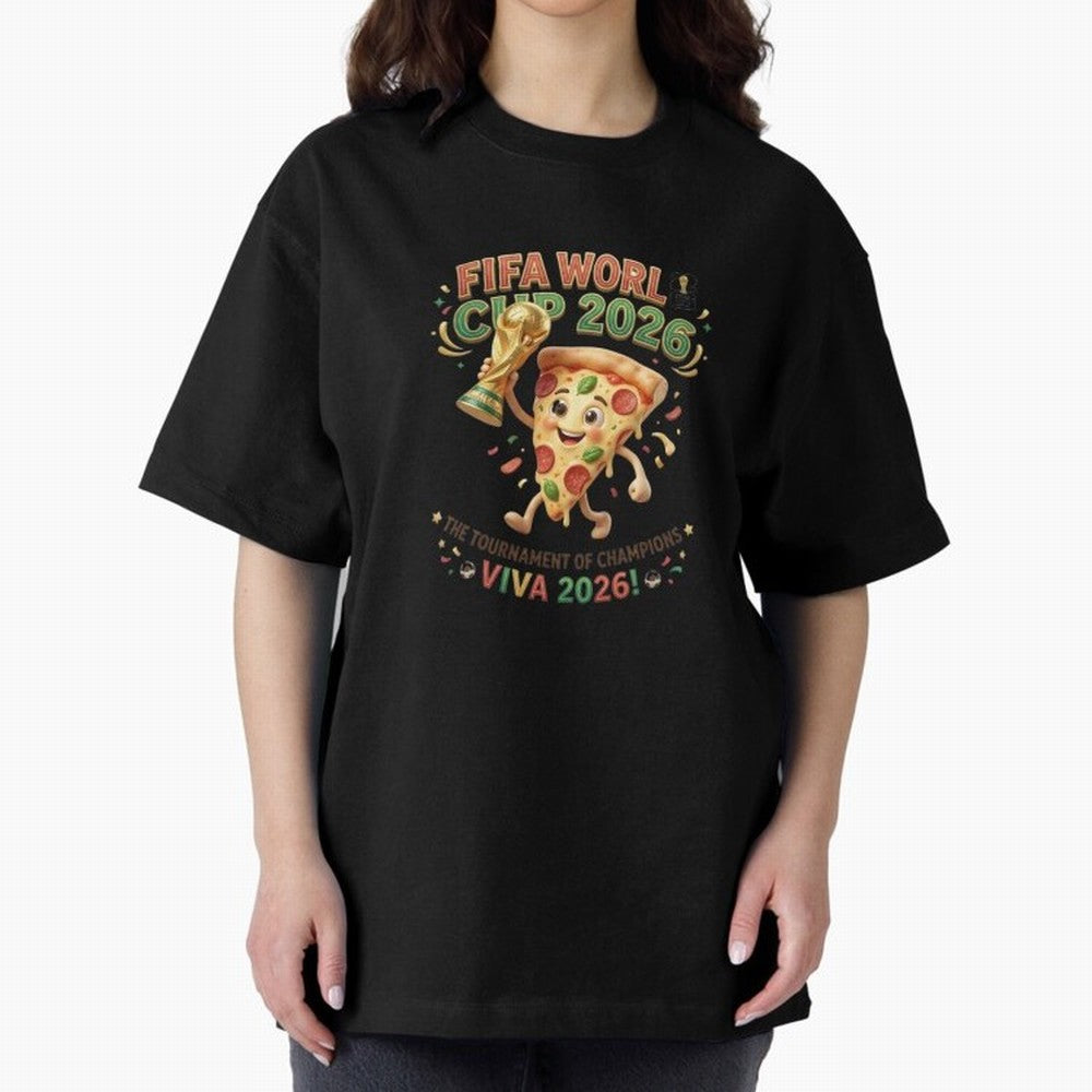Happy Pizza Character Holding World Cup 2026 Trophy Oversized T-Shirt Bring Champion Energy into FIFA World Cup 2026 Group Stage for Fans of Neymar, Haaland and Cristiano Ronaldo and France and Portugal, Bringing Football History, Final Match
