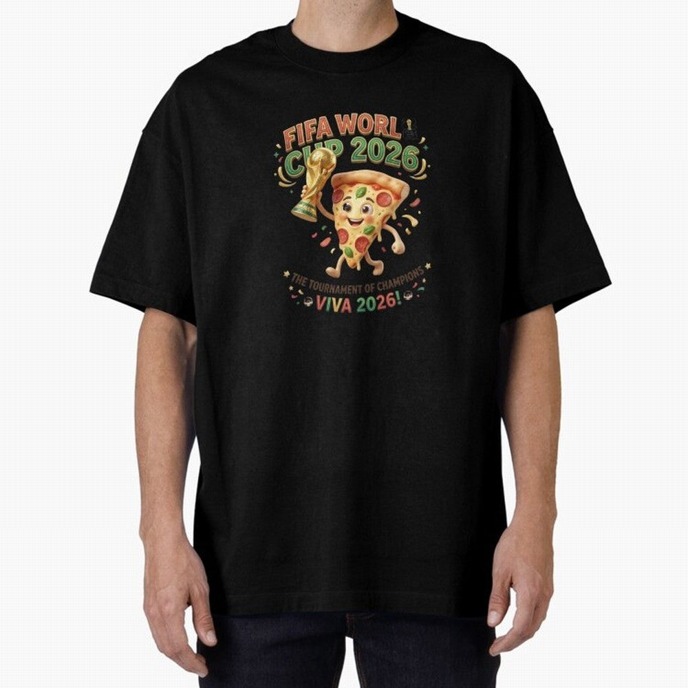 Happy Pizza Character Holding World Cup 2026 Trophy Oversized T-Shirt Bring Champion Energy into FIFA World Cup 2026 Group Stage for Fans of Neymar, Haaland and Cristiano Ronaldo and France and Portugal, Bringing Football History, Final Match