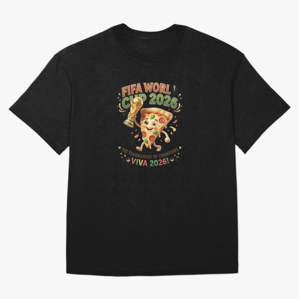 Happy Pizza Character Holding World Cup 2026 Trophy Oversized T-Shirt Bring Champion Energy into FIFA World Cup 2026 Group Stage for Fans of Neymar, Haaland and Cristiano Ronaldo and France and Portugal, Bringing Football History, Final Match