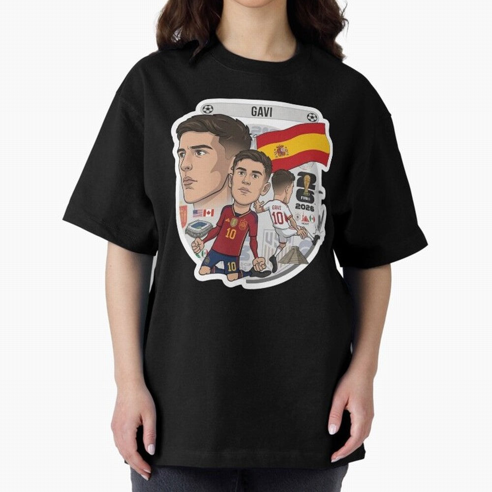 Gavi Spain National Team Football Cartoon Illustration Oversized T-Shirt Fuel Your Fan Pride for Match Day Hype around FIFA World Cup 2026 USA Canada Mexico, Messi and Cristiano Ronaldo, England, France and Netherlands, Sports Nostalgia,