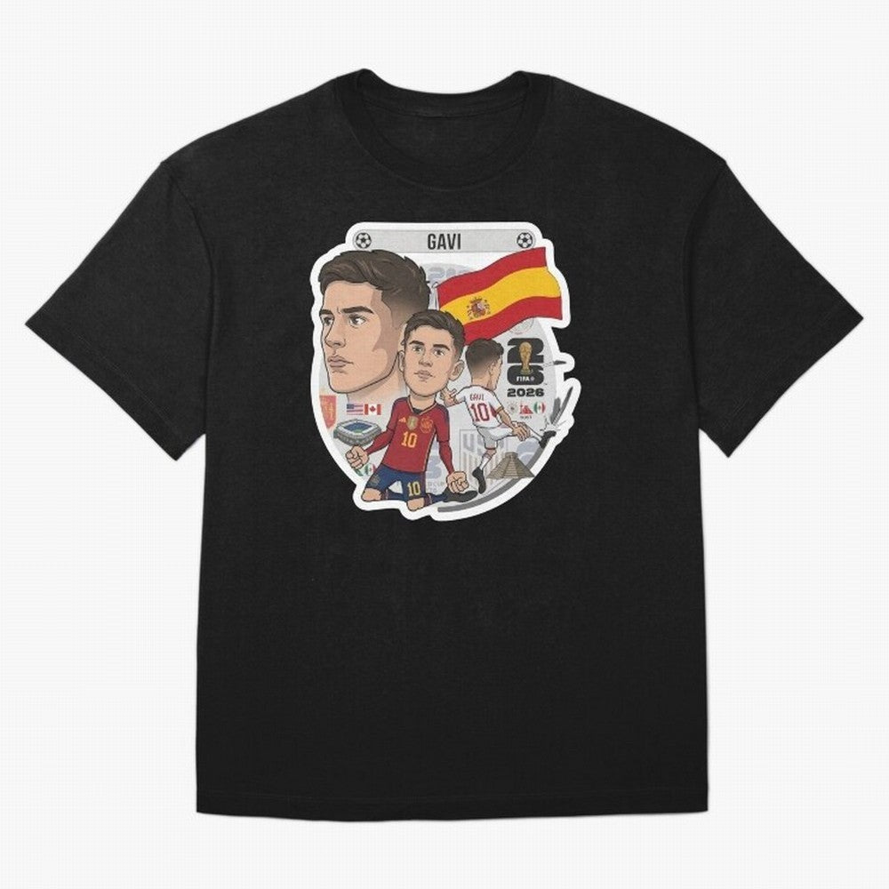 Gavi Spain National Team Football Cartoon Illustration Oversized T-Shirt Fuel Your Fan Pride for Match Day Hype around FIFA World Cup 2026 USA Canada Mexico, Messi and Cristiano Ronaldo, England, France and Netherlands, Sports Nostalgia,