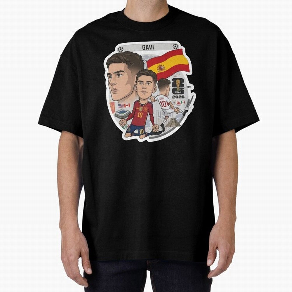 Gavi Spain National Team Football Cartoon Illustration Oversized T-Shirt Fuel Your Fan Pride for Match Day Hype around FIFA World Cup 2026 USA Canada Mexico, Messi and Cristiano Ronaldo, England, France and Netherlands, Sports Nostalgia,