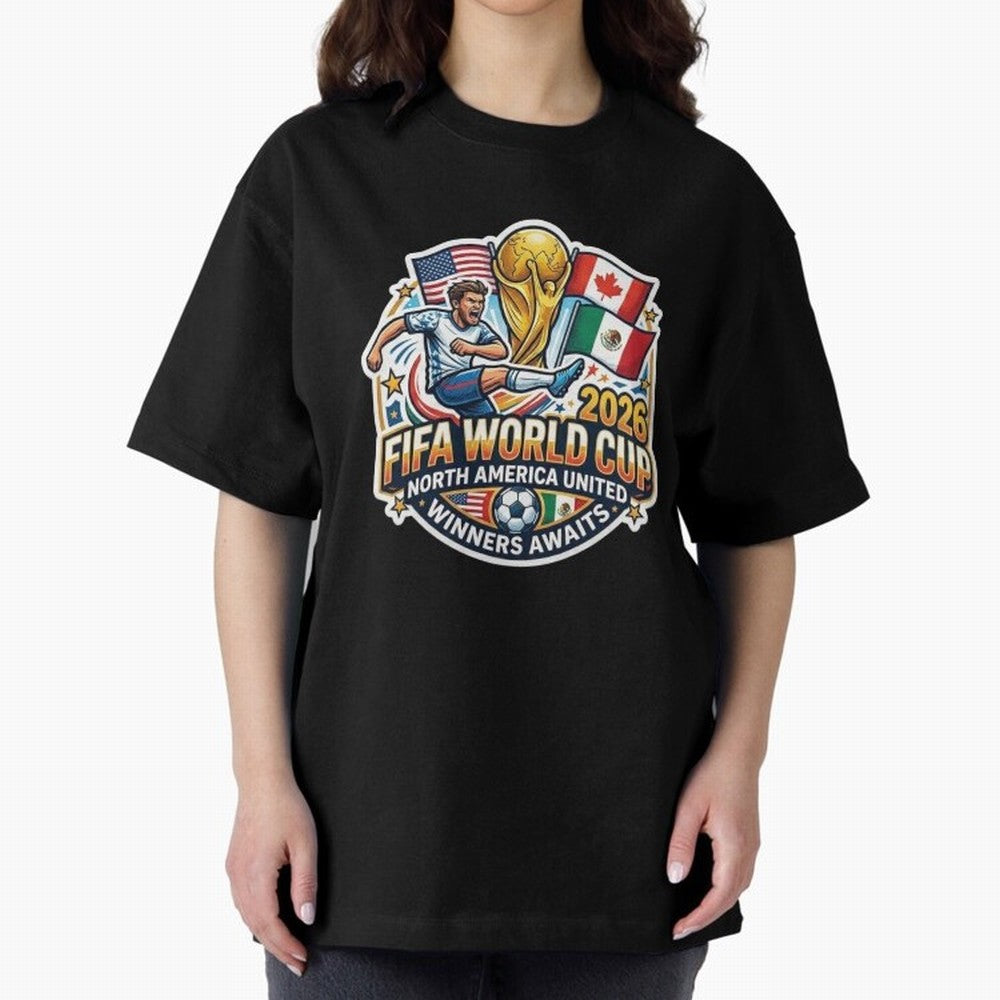 FIFA World Cup 2026 North America United Oversized T-Shirt Celebrate Every Goal in FIFA World Cup 2026 USA Canada Mexico Spirit, Featuring Spain, Haaland and Mbappe, Supporter Pride, Iconic Celebrations, Legendary Names and Global Match Day Energy;
