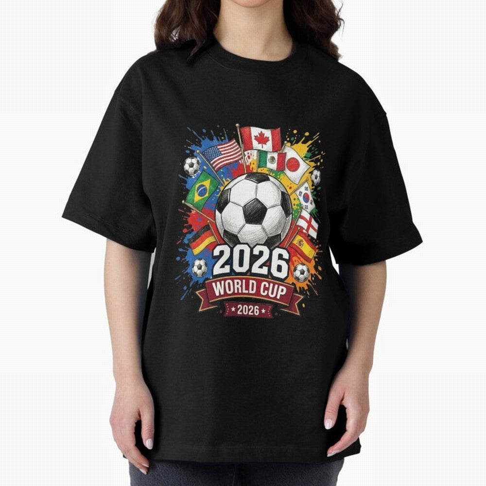 2026 World Cup Soccer Flags Graphic Oversized T-Shirt Feel the Roar of Match Day Hype around FIFA World Cup 2026 Group Stage, Haaland, England and Germany, Football History, Final Match Energy, Crowd Noise and Once in a Lifetime Moments; Perfect
