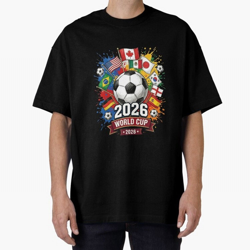 2026 World Cup Soccer Flags Graphic Oversized T-Shirt Feel the Roar of Match Day Hype around FIFA World Cup 2026 Group Stage, Haaland, England and Germany, Football History, Final Match Energy, Crowd Noise and Once in a Lifetime Moments; Perfect