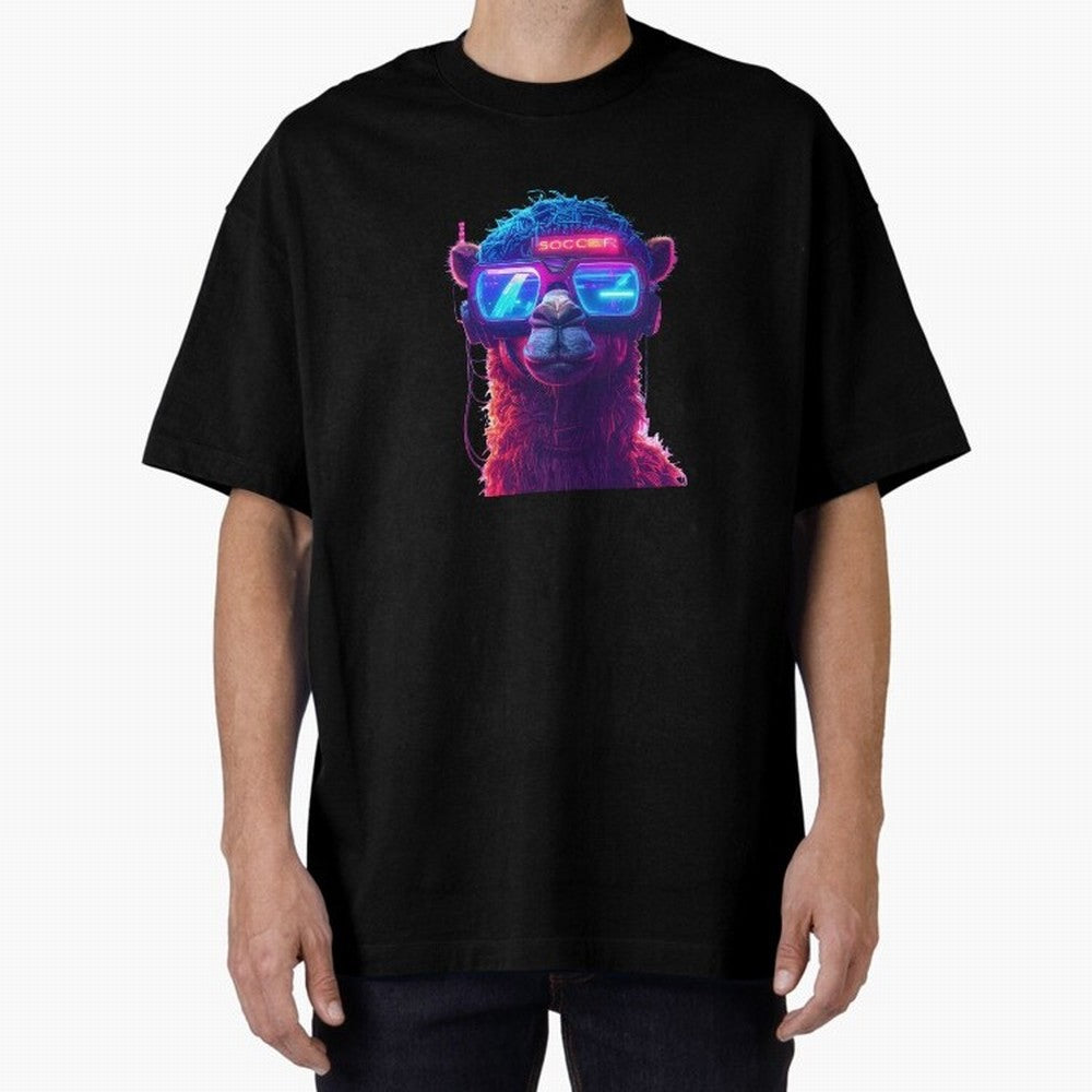 Cyberpunk Llama with Neon Soccer Vibes Oversized T-Shirt Support Global Football Passion for FIFA World Cup 2026, Celebrating Cristiano Ronaldo, Argentina, France and Brazil, Football History, Final Match Energy, Crowd Noise and Once in a Lifetime